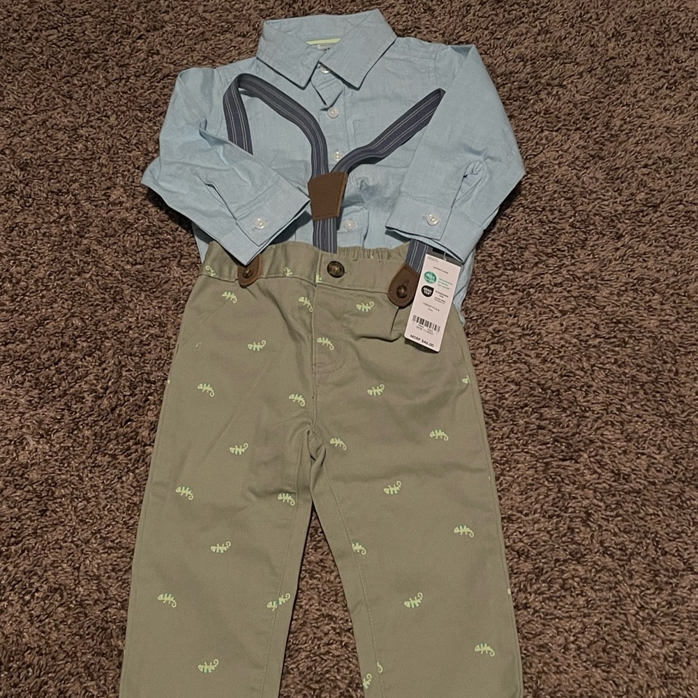 Blue Shirt with Suspenders and Green Pants Set